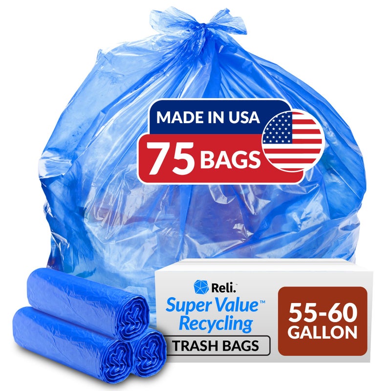Reli. SuperValue 55-60 Gallon Recycling Bags | 75 Count | Blue Trash Bags | Made in the USA - Image 1